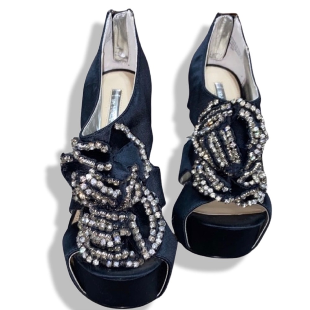 Woman's Black Satin Heels, Rhinestone's Chunky Heels,Halston Party Mirrored Heel